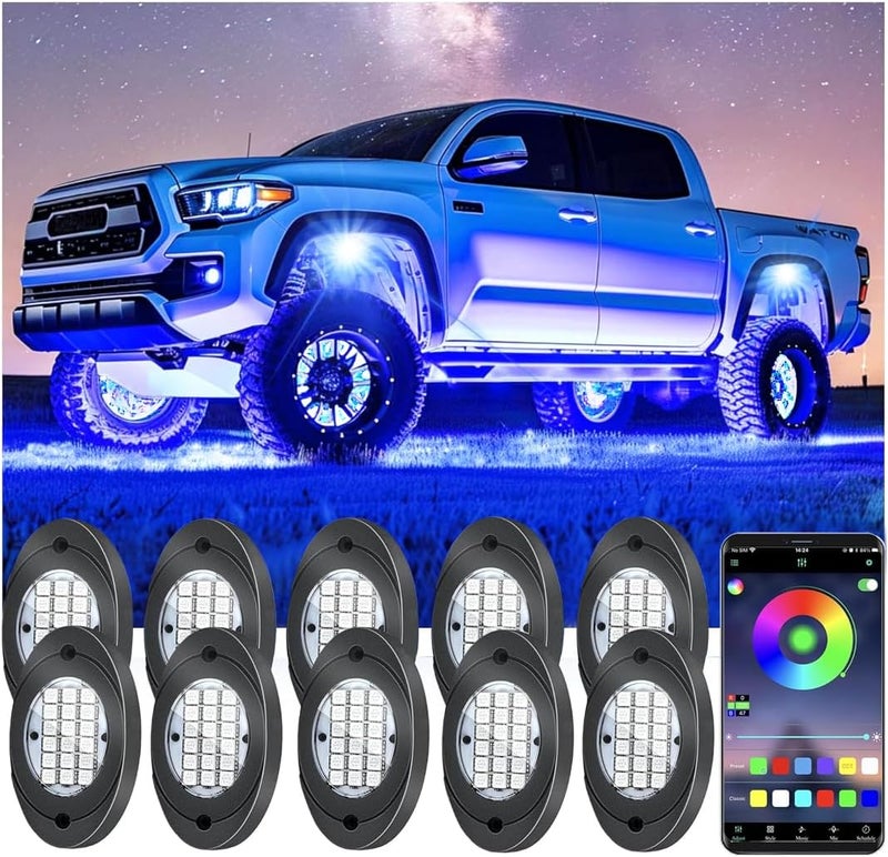 Fimker 10 Pods RGB LED Rock Lights, Underglow Multicolor Neon Light Kit Wheel Well Light with APP Control & Music Mode, Under Glow Lights for Trucks,Jeep,SUV,Golf Cart,ATV,Pickup Off Road,12 V - Image 1